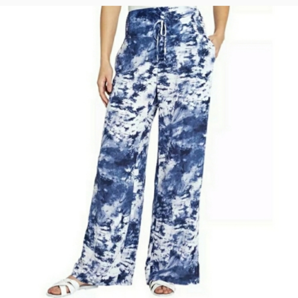 - - Peace & Pearls navy tye dye wide leg high raised elastic band beachy p…